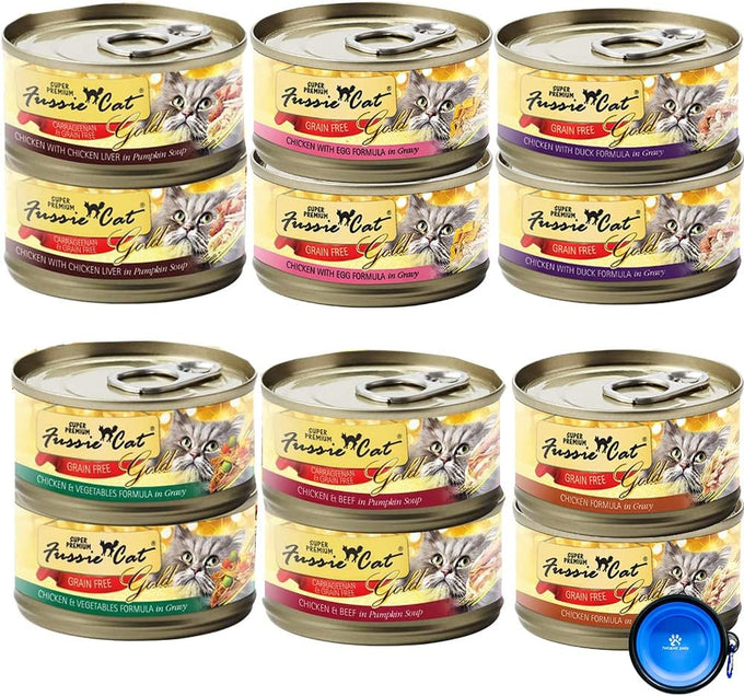 fussie cat super premium canned cat wet food - 12 pack variety pack with hs pet food bowl
