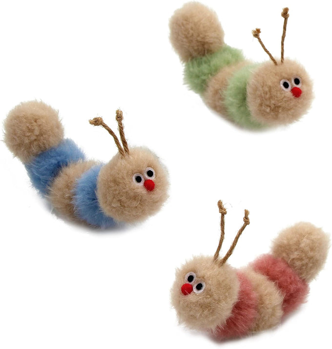 Soft caterpillar kicker for indoor cats, with rattle, ribbon, and catnip, bite resistant, for all ages.
