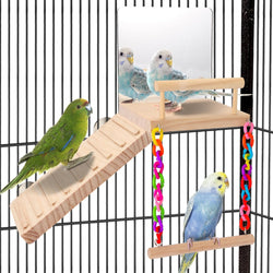 KyoukiBird Perch Platform Bird Toys with Mirror Climbing Ladder Swing for Cockatiels, Lovebirds, Budgies and More - Wooden Parakeet Cage Accessories