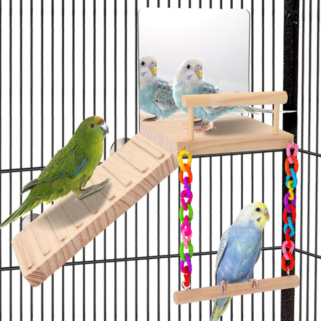 KyoukiBird Perch Platform Bird Toys with Mirror Climbing Ladder Swing for Cockatiels, Lovebirds, Budgies and More - Wooden Parakeet Cage Accessories