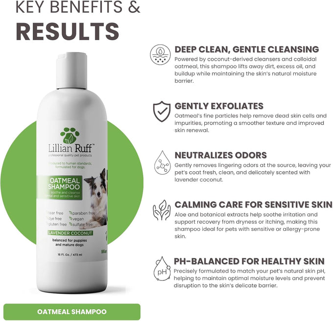 Lillian Ruff Pro oatmeal dog shampoo for dry skin, itching & allergies, 16oz with brush, made in USA, non-toxic, natural ingredients