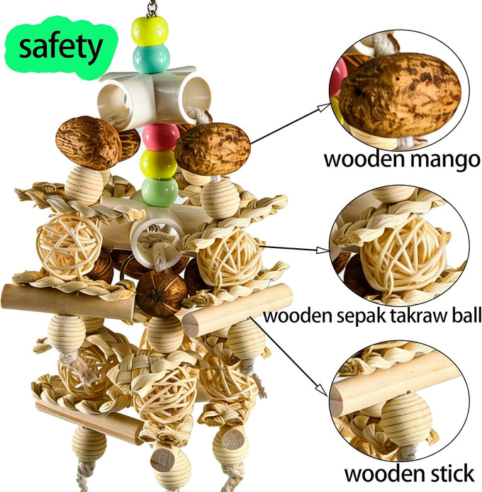 Natural Wooden Parrot Toy for Small to Medium Parrots with Safe Chewing Materials and Multi-Sensory Stimulation