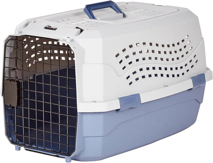 Amazon Basics sturdy gray and blue pet travel carrier for dogs and cats, 22.8"L x 15"W x 13"H