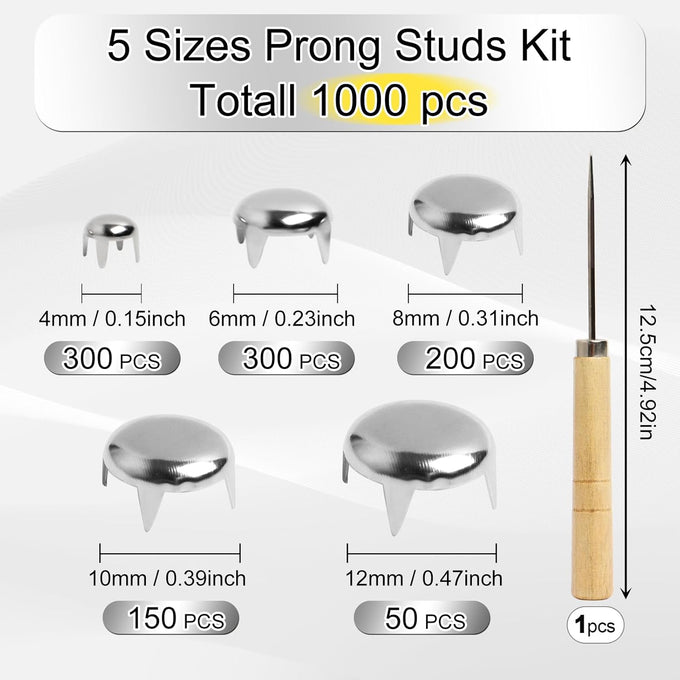 SBYURE silver round dome studs, 1000 pieces, 5 sizes kit, perfect for leather craft and clothing DIY