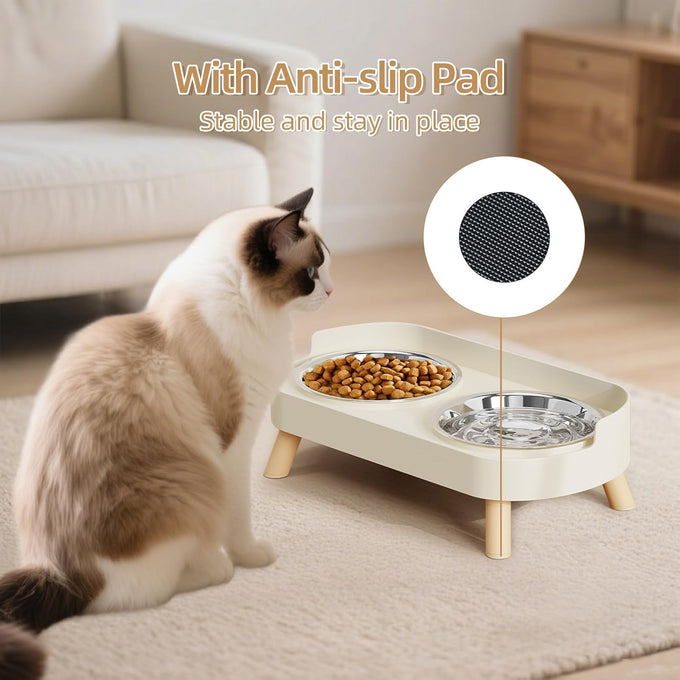Elevated White Stainless Steel Cat Bowl Set for Indoor Cats with Whisker Fatigue Reduction and Dishwasher Safe -