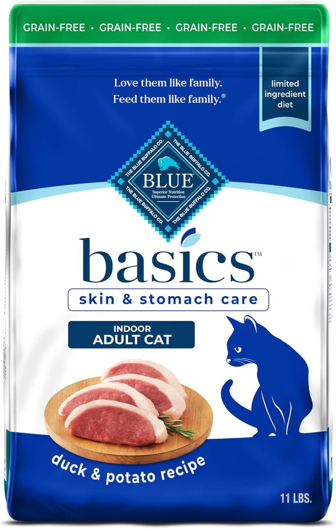 Blue Buffalo Basics Grain-Free Dry Cat Food for Indoor Cats, Duck & Potato Recipe, 11-lb Bag, Skin & Stomach Care