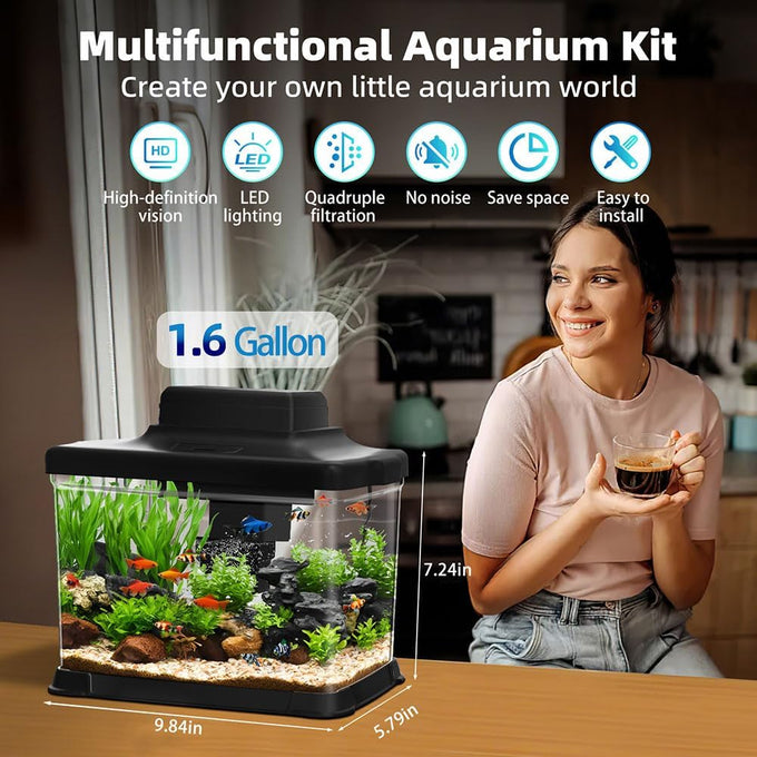 DaToo 1.6 Gallon Ultra-Clear Fish Tank Aquarium Starter Kit with LED Lighting and Filter System for Small Fish and Shrimp