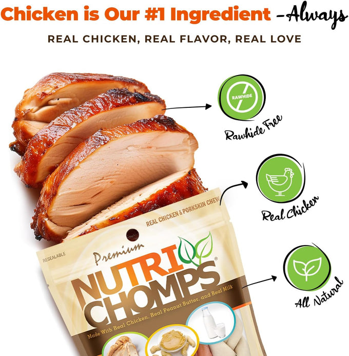 NutriChomps 6-inch Rawhide-Free Dog Treats, Healthy, Real Chicken, Peanut Butter and Milk Flavors, Pack of 4