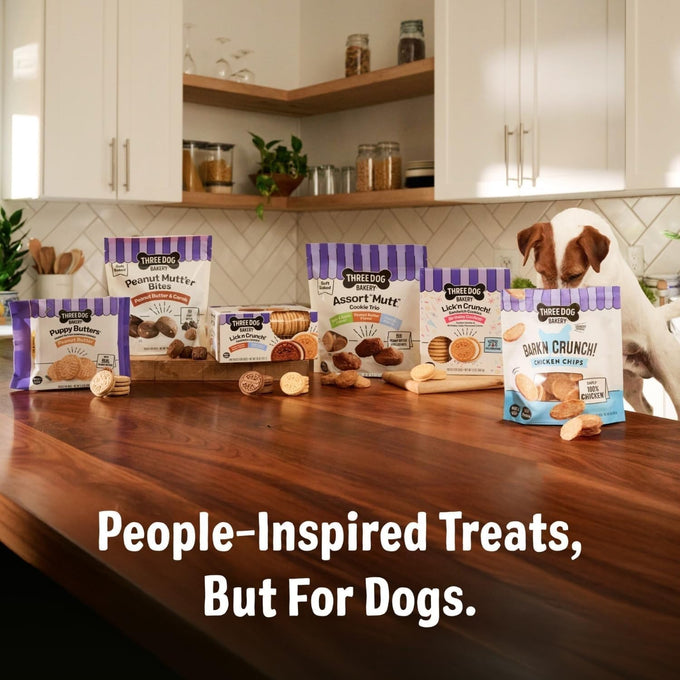 Three Dog Bakery grain-free 'Woof'ers, peanut butter & banana flavor, soft-baked dog treats for puppies, seniors, and all sizes
