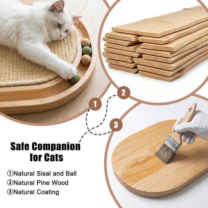 Natural Sisal cat scratcher with ball track, wooden base for indoor kittens and medium cats