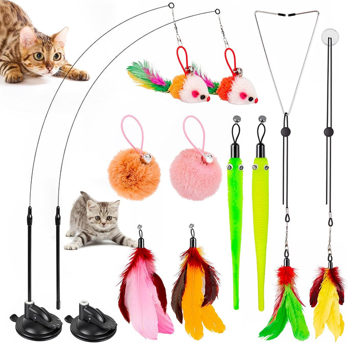 cat toys 2 pack 3 in 1 interactive indoor kitten toys suction cup detachable feathers balls mice