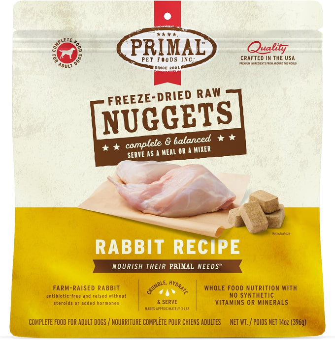 primal freeze dried raw dog food nuggets, rabbit, 14 oz, complete and balanced meal, grain free, high protein