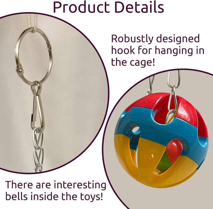 SIMENA Parrot Ball Toy with Bell, Cage Hanging Accessory for Medium to Large Birds, Durable Plastic and Metal, Set of 1