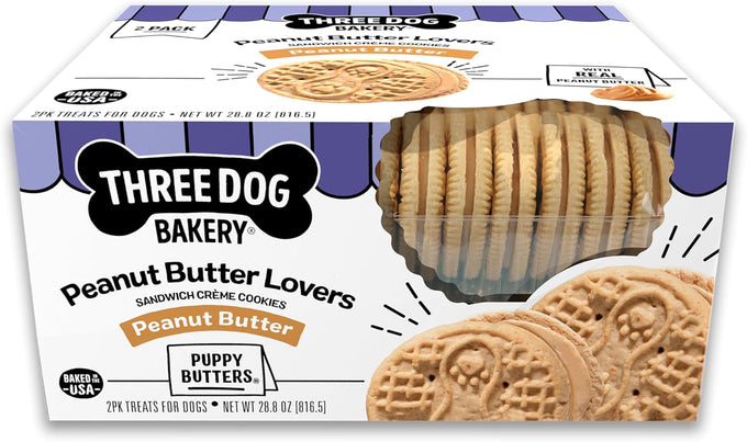 Three Dog Bakery Assort Mutt Trio 48oz dog treats with oats, apple, peanut butter, and vanilla, premium puppy training snacks