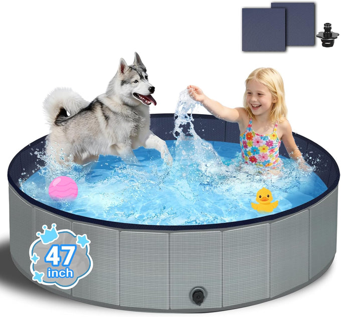 Foldable Gray Kiddie Pool with Hard Plastic Non-Slip Thickened Bottom for Small Medium Large Dogs and Kids