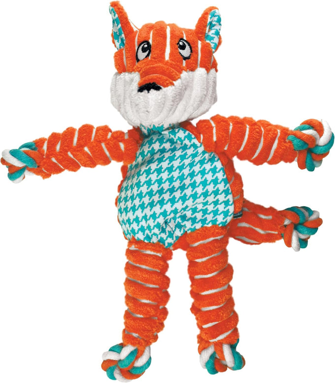Kong Floppy Knots fox medium large dog tug toy with internal knotted rope and minimal stuffing