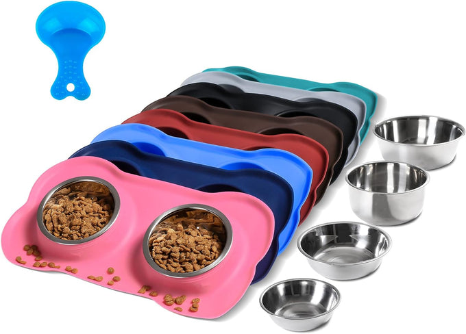 hubulk pet dog food and water bowls set with non-slip silicone mat and pet food scoop, pink, small