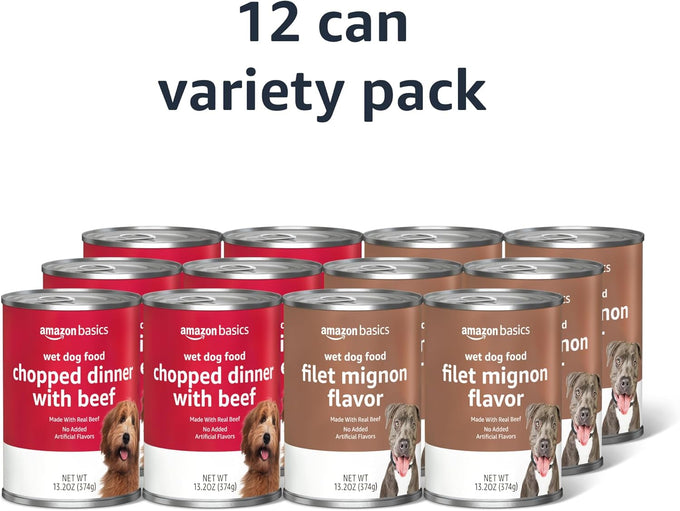 Amazon Basics Filet Mignon Flavor Wet Dog Food, 13.2oz Cans, Pack of 12, Made with Real Beef, No Added Wheat, Corn, or Soy