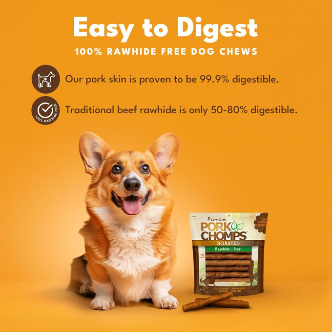 pork chomps roasted pork skin dog chews, 6 inch twists, 15 count - healthy, delicious, low fat, high protein