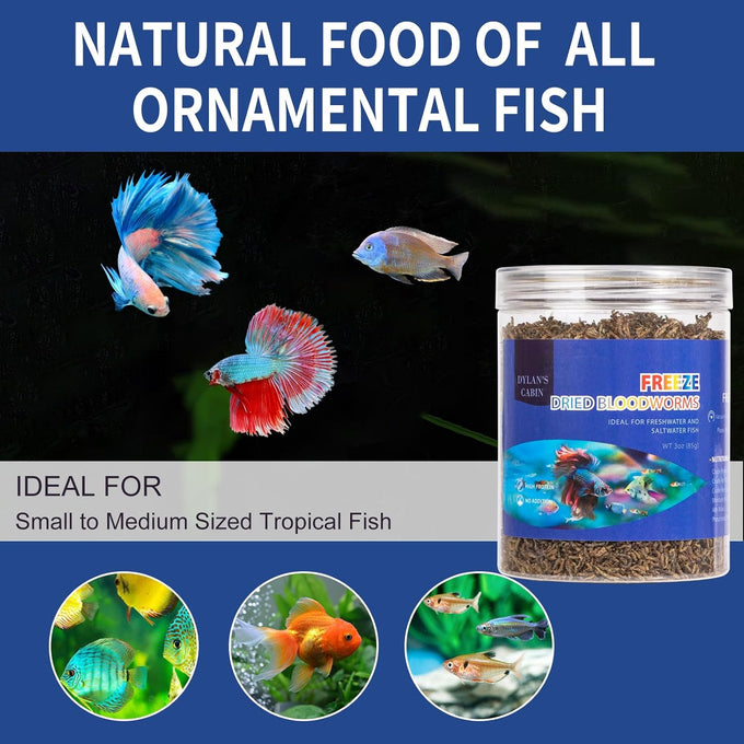 Dylan's cabin freeze-dried bloodworms high-protein fish food for all tropical fish betta goldfish discus guppies cichlids 85g