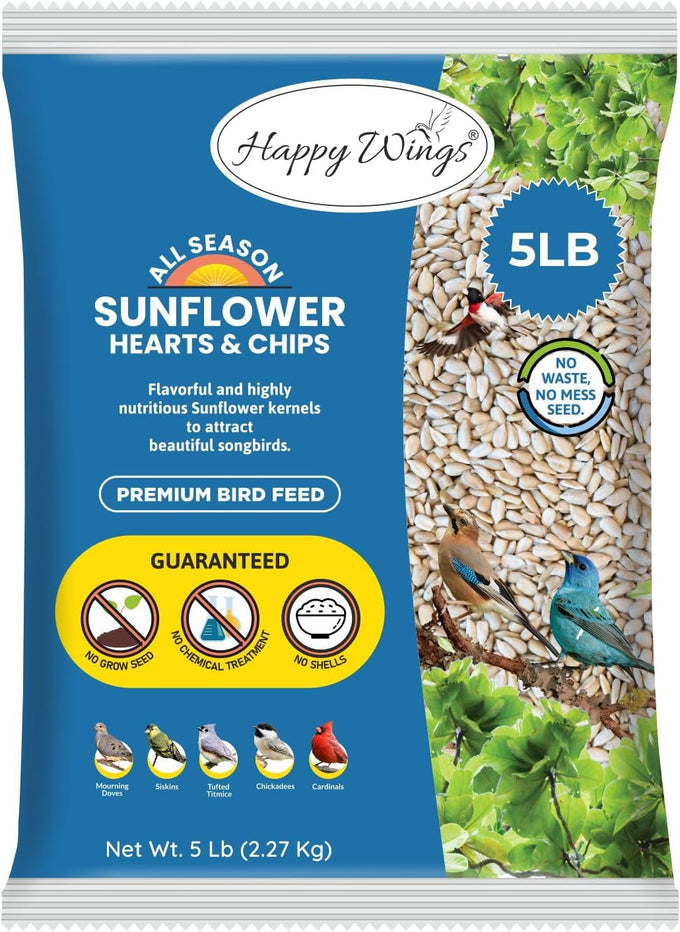 Happy Wings Sunflower Hearts & Chips attract Cardinals and other colorful finches 5 Lb No Mess, No Waste I No Grow Seed