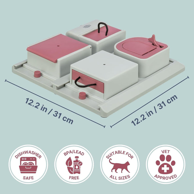 Trixie cat activity poker box strategy game with 4 modules for mental stimulation and slow feeding pink gray 12.2 x 12.2 x 2.5 in
