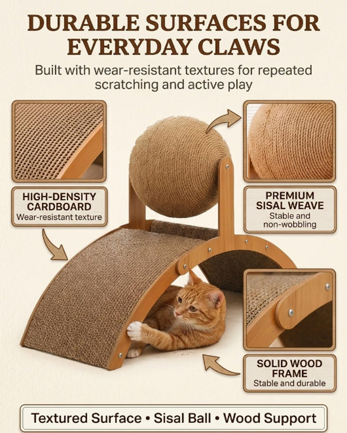 wood cat arch scratching ball on stand with arched bridge and rotating sisal balls for big cats indoor use