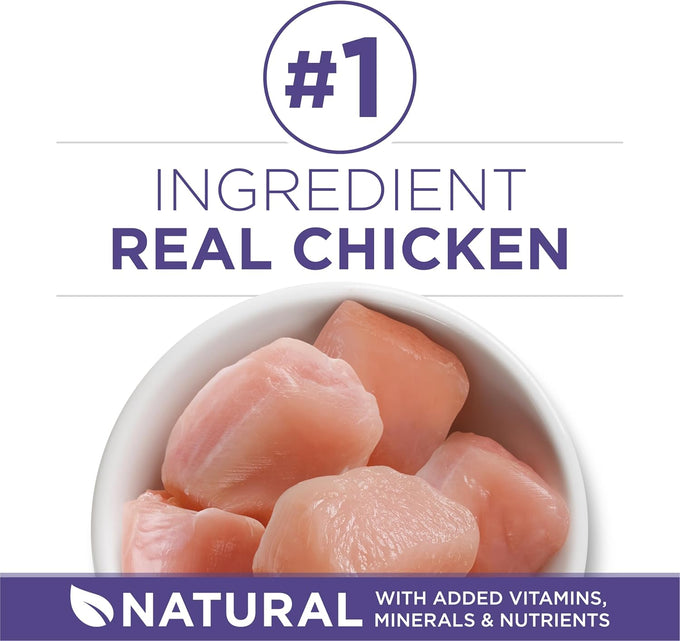 Natural adult dry cat food for hairball control with real chicken, high-protein recipe and crunchy kibble.