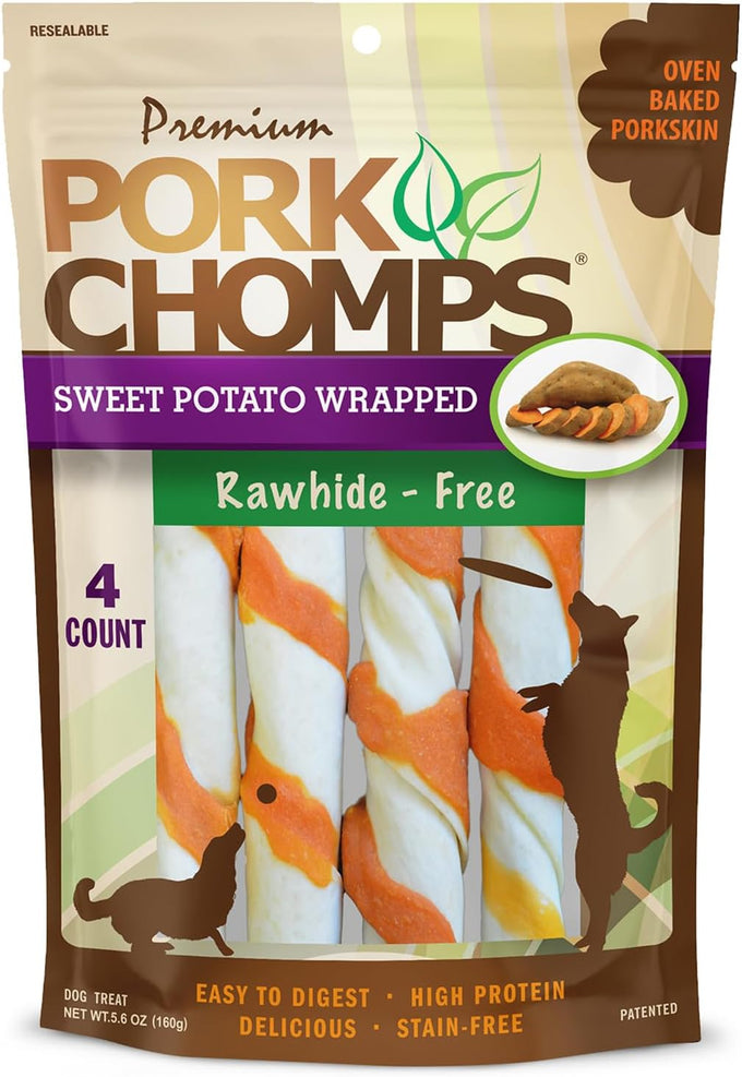pork chomps roasted pork skin dog chews, 6 inch twists, 15 count - healthy, delicious, low fat, high protein