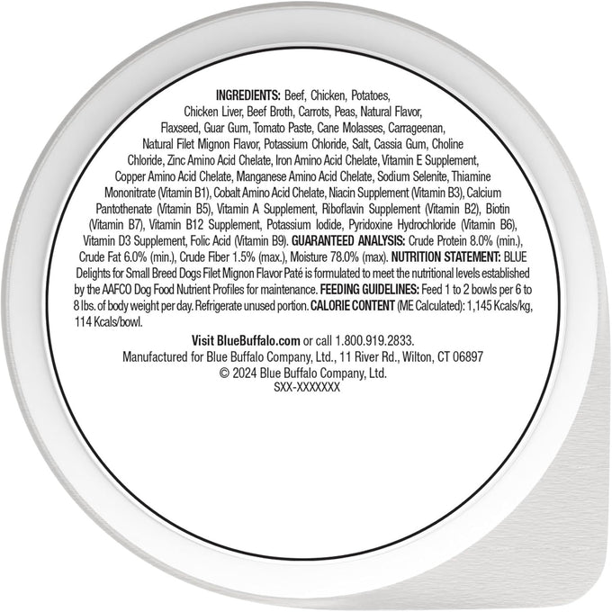 Blue Buffalo Delights natural adult small breed wet dog food, grain-free, filet mignon flavor, 3.5-oz cups, pack of 12