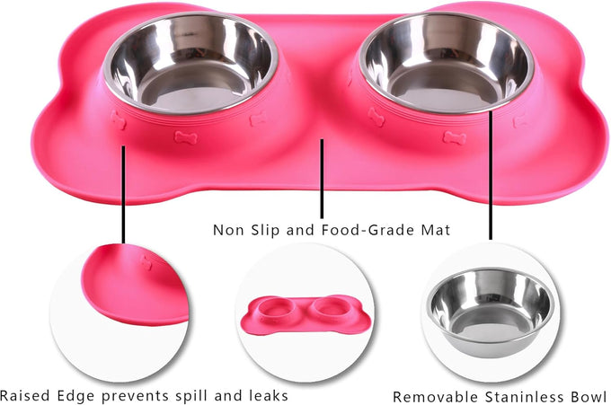 hubulk pet dog food and water bowls set with non-slip silicone mat and pet food scoop, pink, small