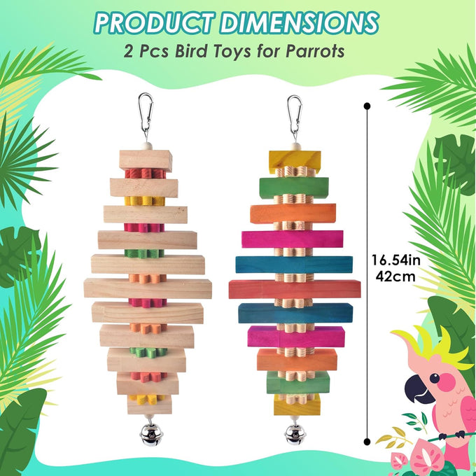 dbness 16.54in large bird toys for parrot, 2pc colorful natural wood block chew toy with bell