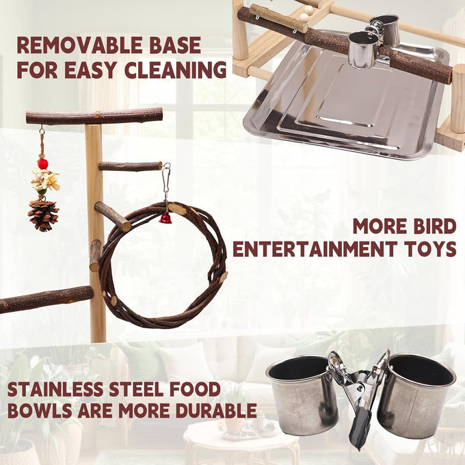 Natural Wooden Parrot Stand for Small to Medium Birds, 16.3" x 10.6" x 23.2", Chestnut Wood, Easy Assembly