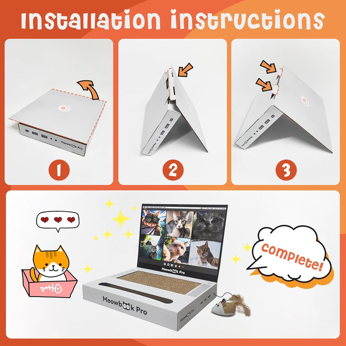 cat laptop scratcher 3-in-1 cardboard interactive kitten toy with mouse jingle ball stickers