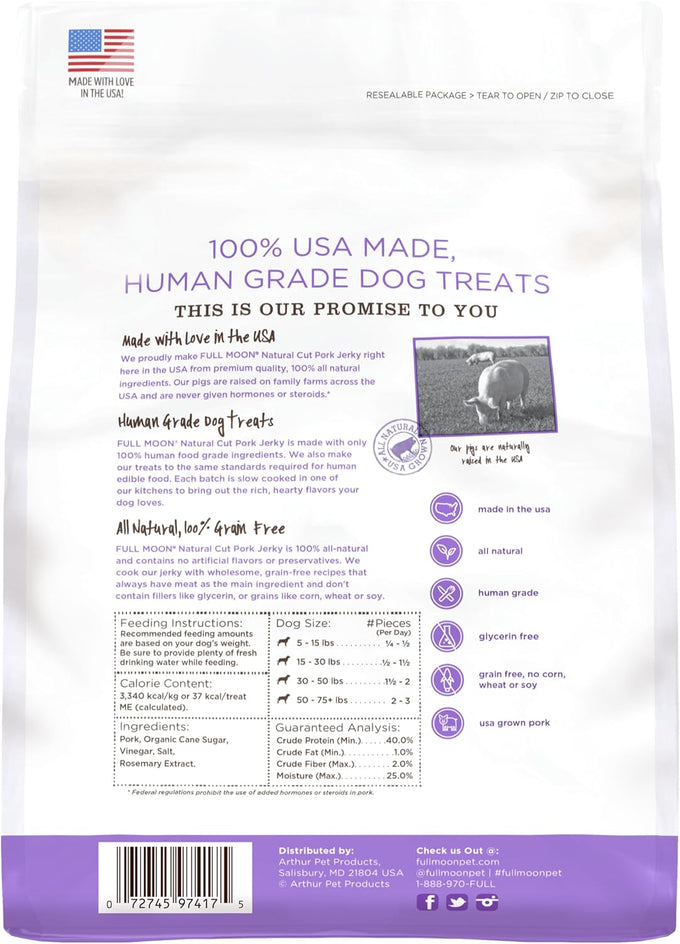 Full Moon Natural Cut Pork Jerky 10 oz Healthy All Natural Dog Treats Human Grade Grain Free Made in USA