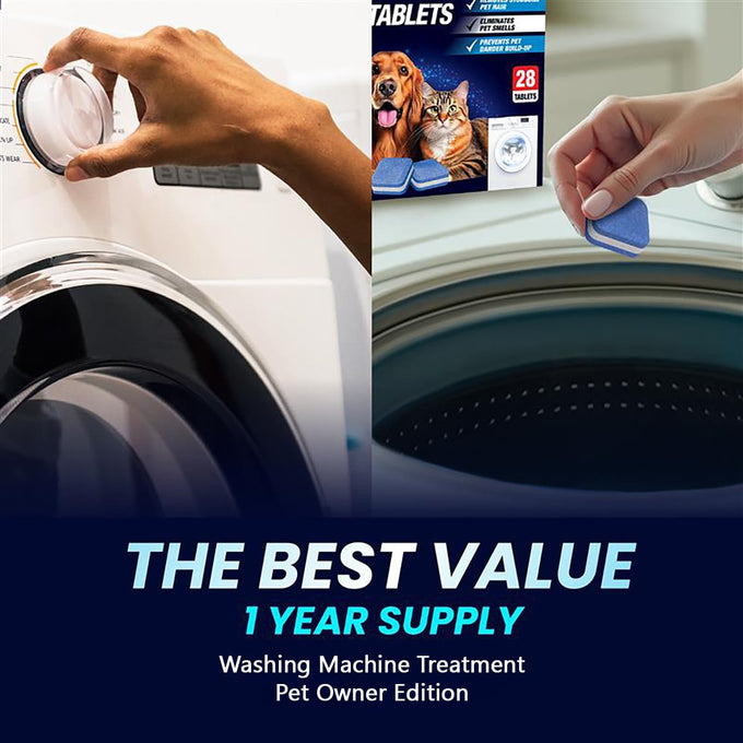 Washing machine cleaner tablets - pet hair removal, odor elimination, septic tank safe, HE compatible