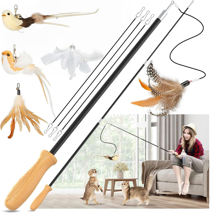 rosaui cat teaser wand toys, 42.15'' long, sustainable wooden handles, 2pcs wires and 5pcs natural refills, for indoor kittens