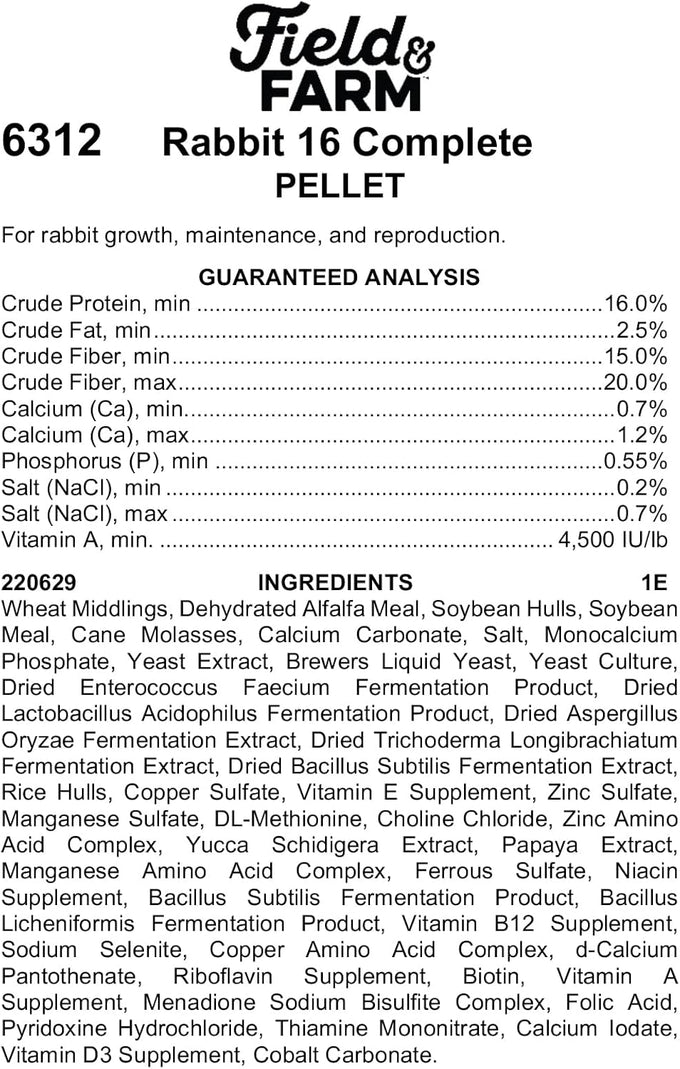 Blue Seal Field & Farm 16 Complete Rabbit Feed, 25 Pound Bag, Premium Pellets for All Rabbit Types, Quality Ingredients