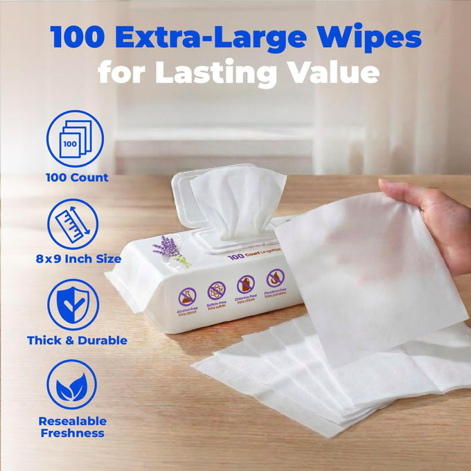 Large 8x9 Pet Wipes - Gentle Lavender Vitamin E Formula for Puppies and Cats - 100 Count