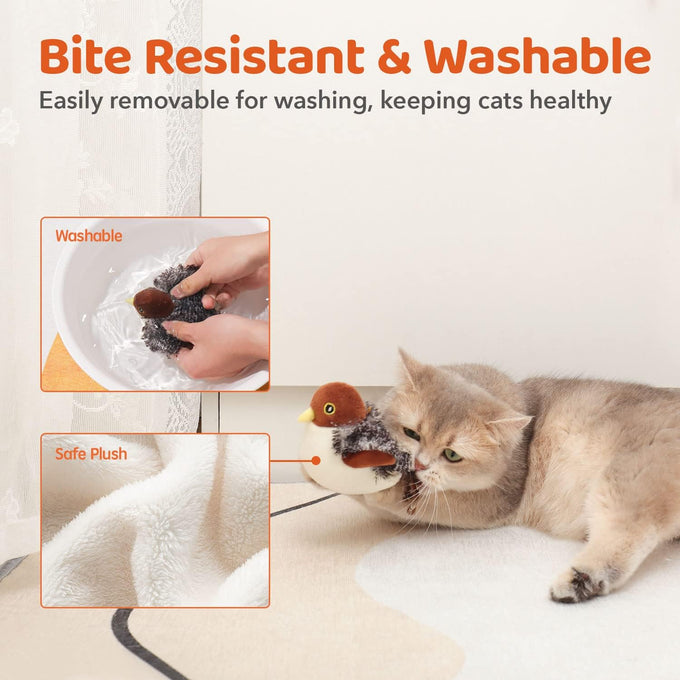 Potaroma rechargeable sparrow cat toy, 4.0 inches, lifelike chirp, touch activated, USB chargeable, soft plush, catnip pouch