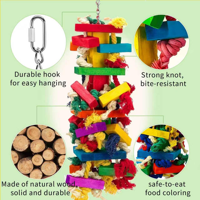 Natural Wood Parrot Toys for Large Birds, 18" Durable Chew Toys for Macaws, African Greys & Amazon Parrots
