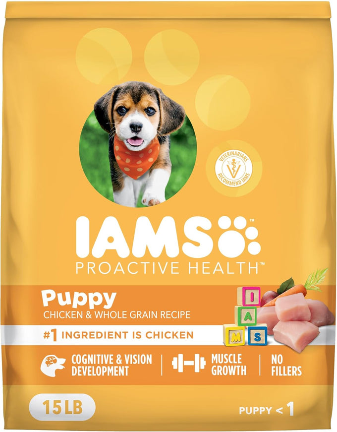 iams proactive health dry dog food, premium dog food dry recipe, 15 lb bag with real chicken and no fillers
