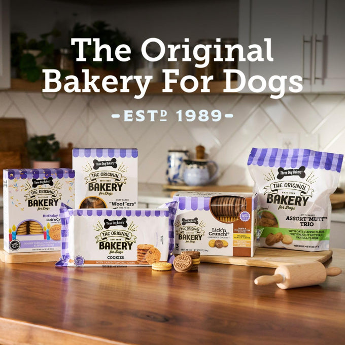 Three Dog Bakery Assort Mutt Trio 48oz dog treats with oats, apple, peanut butter, and vanilla, premium puppy training snacks