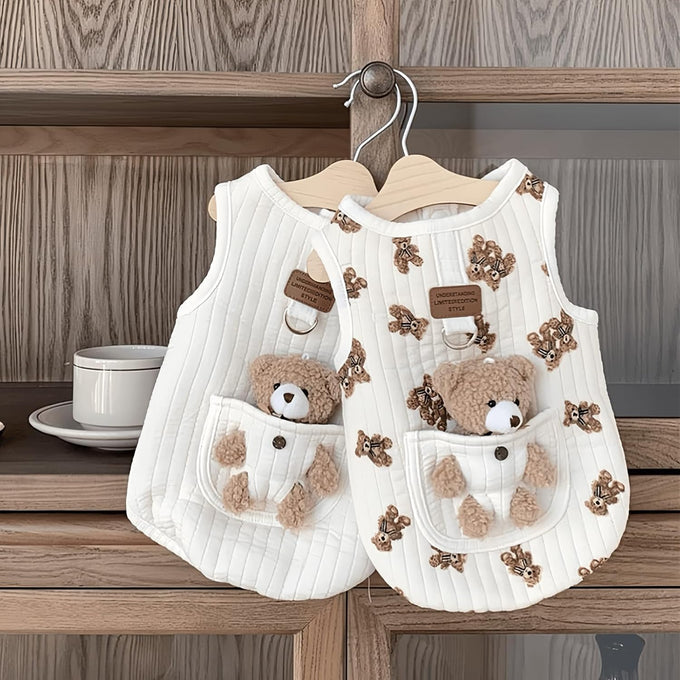 Cute pet apparel plush bear pattern cartoon dog clothes white 11-20lbs sleeveless pullover