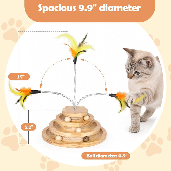 pine cat track toy for big cats, 4 layer wooden ball tower with feather wand, 9.9 inches, eco-friendly