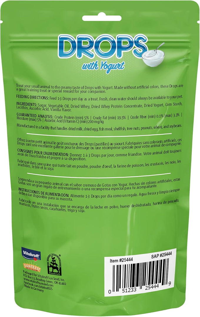 Vitakraft vanilla yogurt drops for rabbits guinea pigs and hamsters, real yogurt whey protein, no artificial colors flavors or preservatives