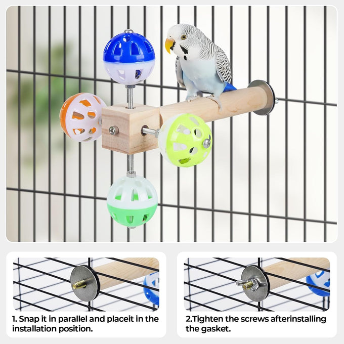 Parakeet bird toy with rotating balls, ideal for small birds, natural wood, durable surface, non-slip, 7.85 inches long