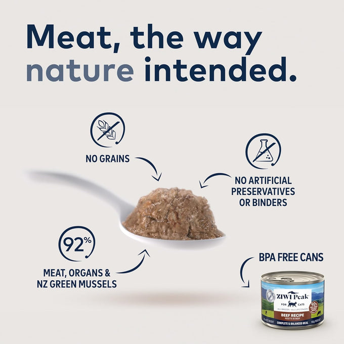 Ziwi Peak beef wet cat food, grain free, high protein, limited ingredient diet with superfoods, case of 6, 3oz cans
