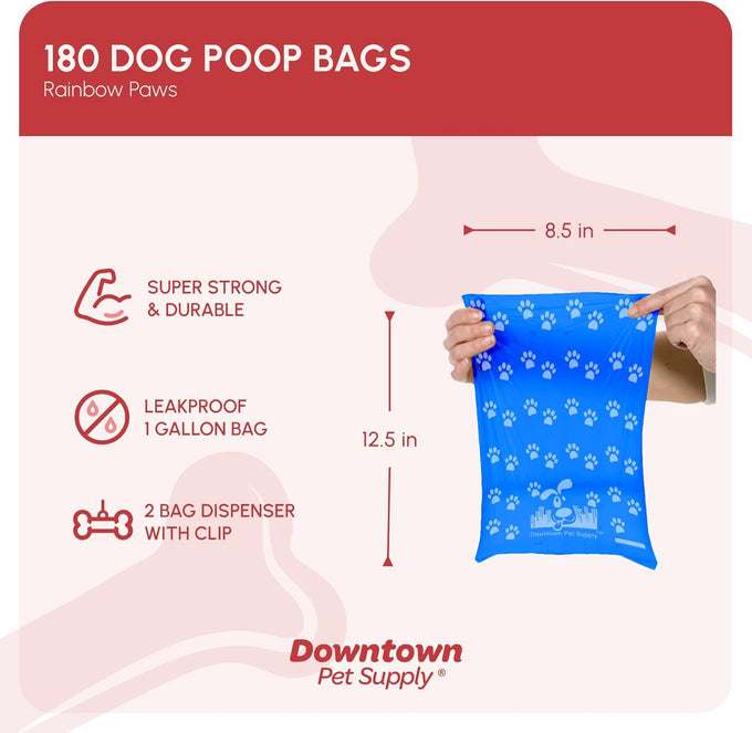 Downtown Pet Supply Poop Bags for Dogs with Leak-Proof Dispenser, 180 Count, Rainbow, 12.5" x 8.5"