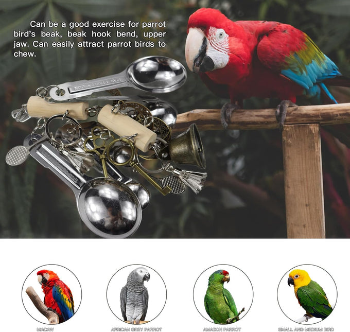 Bird Parrot Chew Toys for Macaws, African Grey Parrots, Cockatoos, and More - Brass Keys, Bells, and Mini Badminton Balls